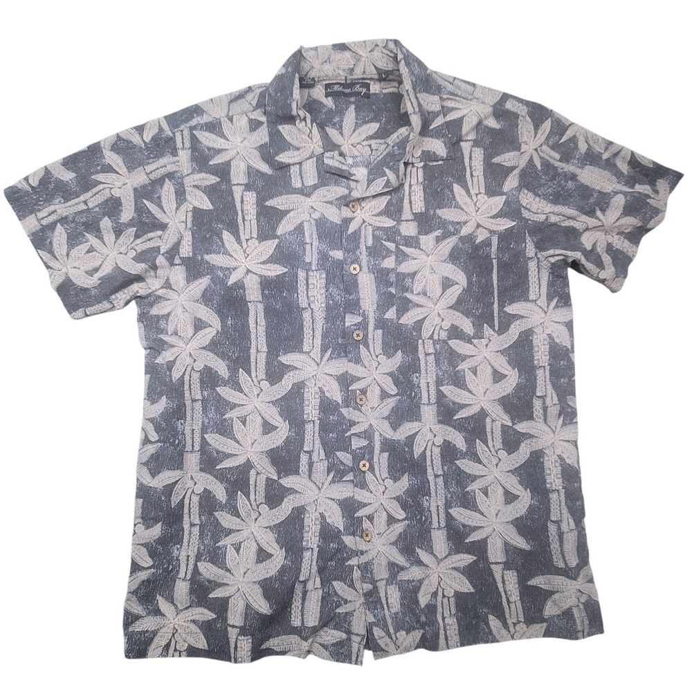 Tropical Palm Tree Bamboo Rayon Cotton Camp Gray Tan Shirt Mens Large Milano Bay